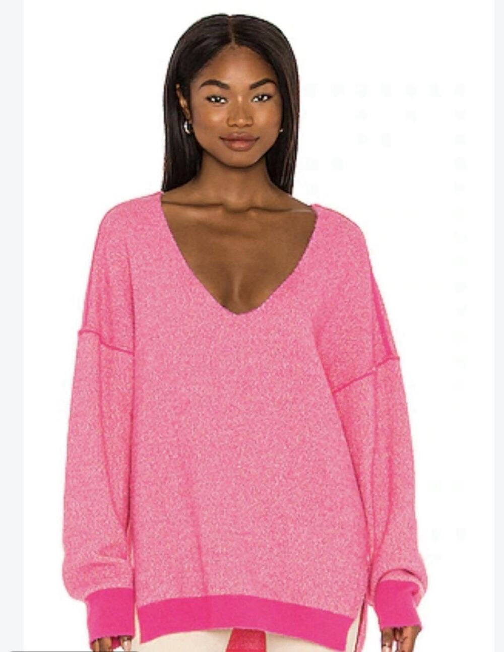 Free People Sweater Weather Large Pink Oversized V Neck Slouchy Knit Boho Chunky